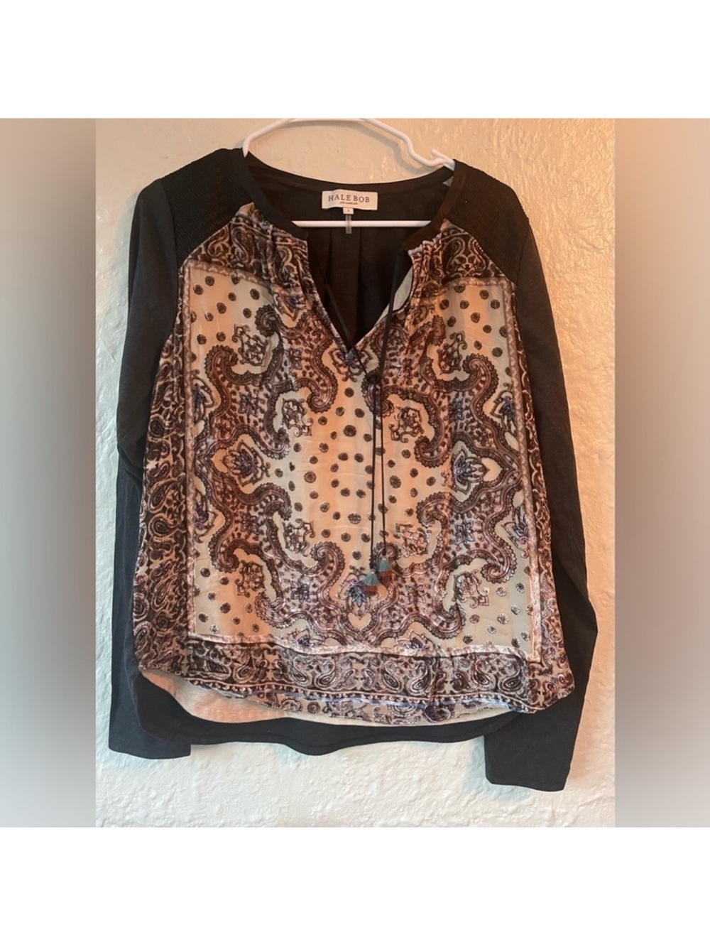 HALE BOB silk blend brown paisley blouse, ruffled sleeves, tassels; size L